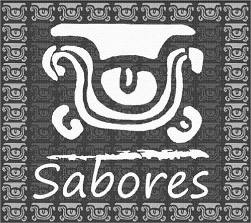 Sabores, Square & design, mayan corn symbol peach yellow and brick red trademark