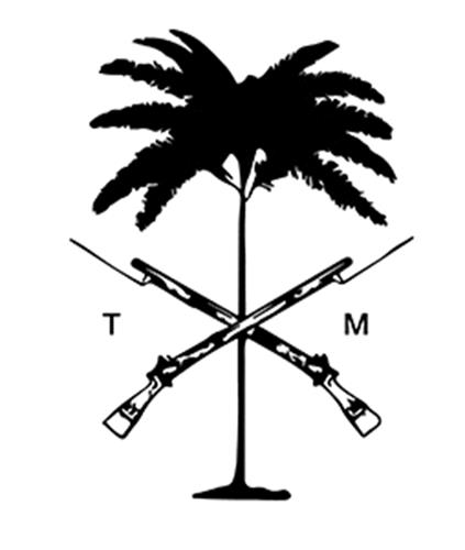 Tin Palm Tree design with 2 ancient rifles(bayonet) crossing at the center trademark