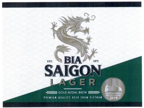 "EST.", "1875", "BIA SAIGON", "LAGER", "GOLD MEDAL BREW", "PREMIUM QUALITY BEER FROM VIETNAM", "THE INTERNATIONAL BREWING AWARDS 2019" trademark