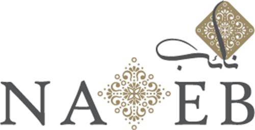 It is a mix of words and design. Words are in two languages English and Farsi. After two words  "NA" there is a special gold design in which the background is white and after this design, there are two words "EB". On the right top corner, above the words "EB" there are Farsi words that the sound is Naeb and included four letters which there is same special gold design located on the letter "A" in  trademark