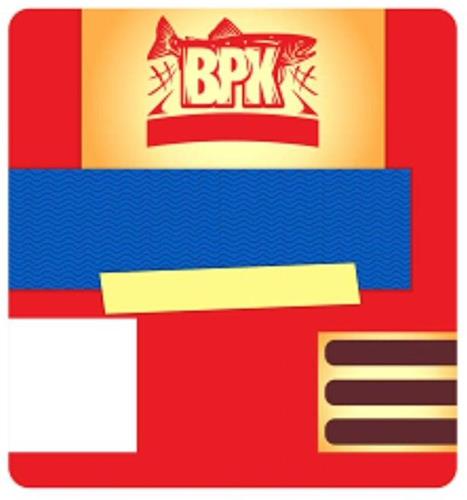 Colourful rectangle design with colourful stripes, an image of fish, and Cyrillic lettering transliterated to "VRK" trademark