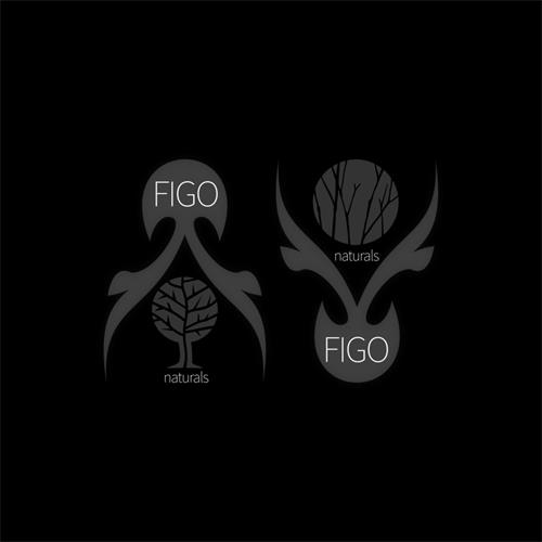 Figo Naturals Design - depicted by two reversed elements of a Curtain with a Tree behind the curtain and in reverse mode is the silhouette of Deer Head with a circle and branches within the circle between the horns of the Deer.  Word Figo in body of design trademark